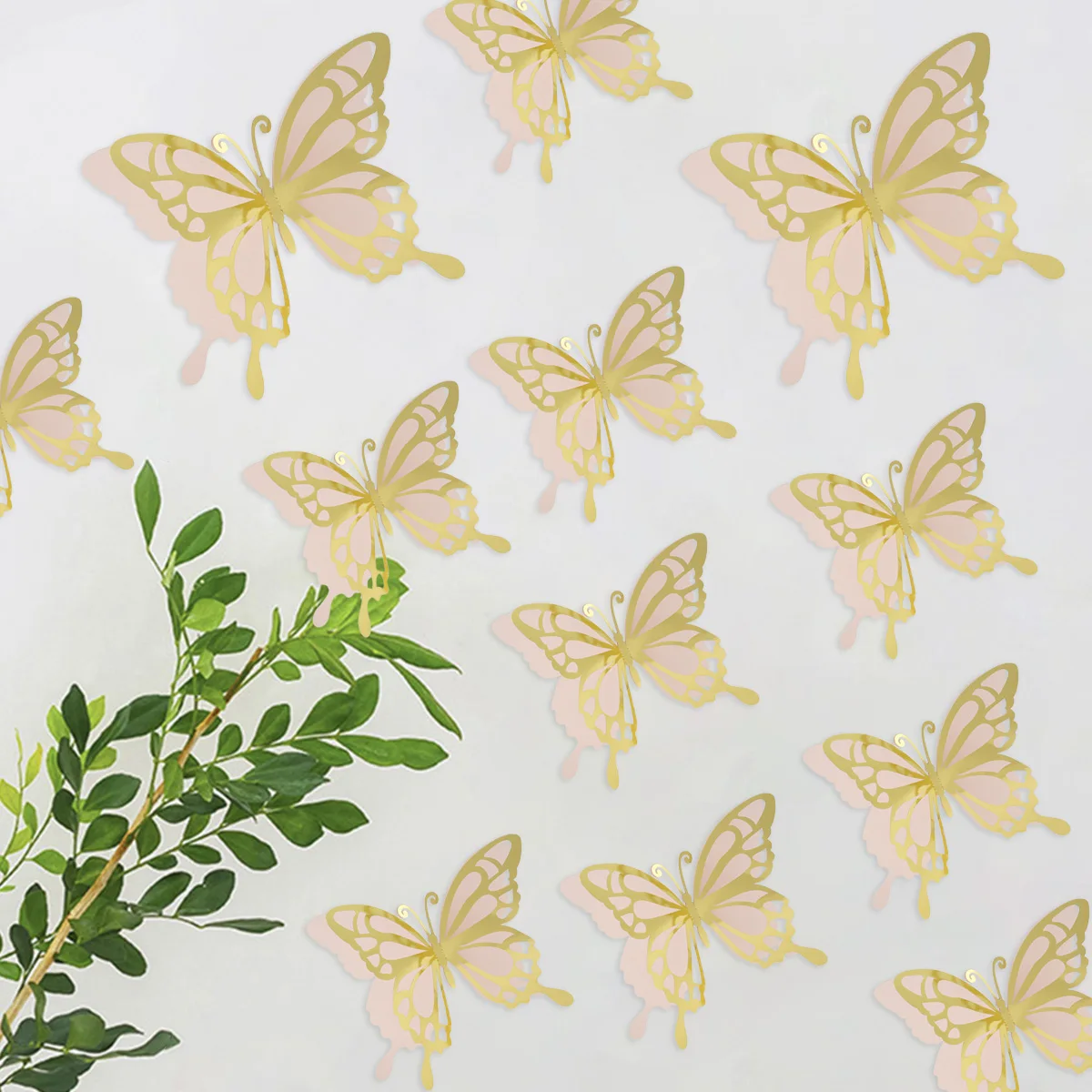 

12Pcs 3D Butterfly Sticker Decorative Lifelike Butterfly Wall Decal 2 Sizes Gold Pink Butterfly Wall Decor Creative Paper