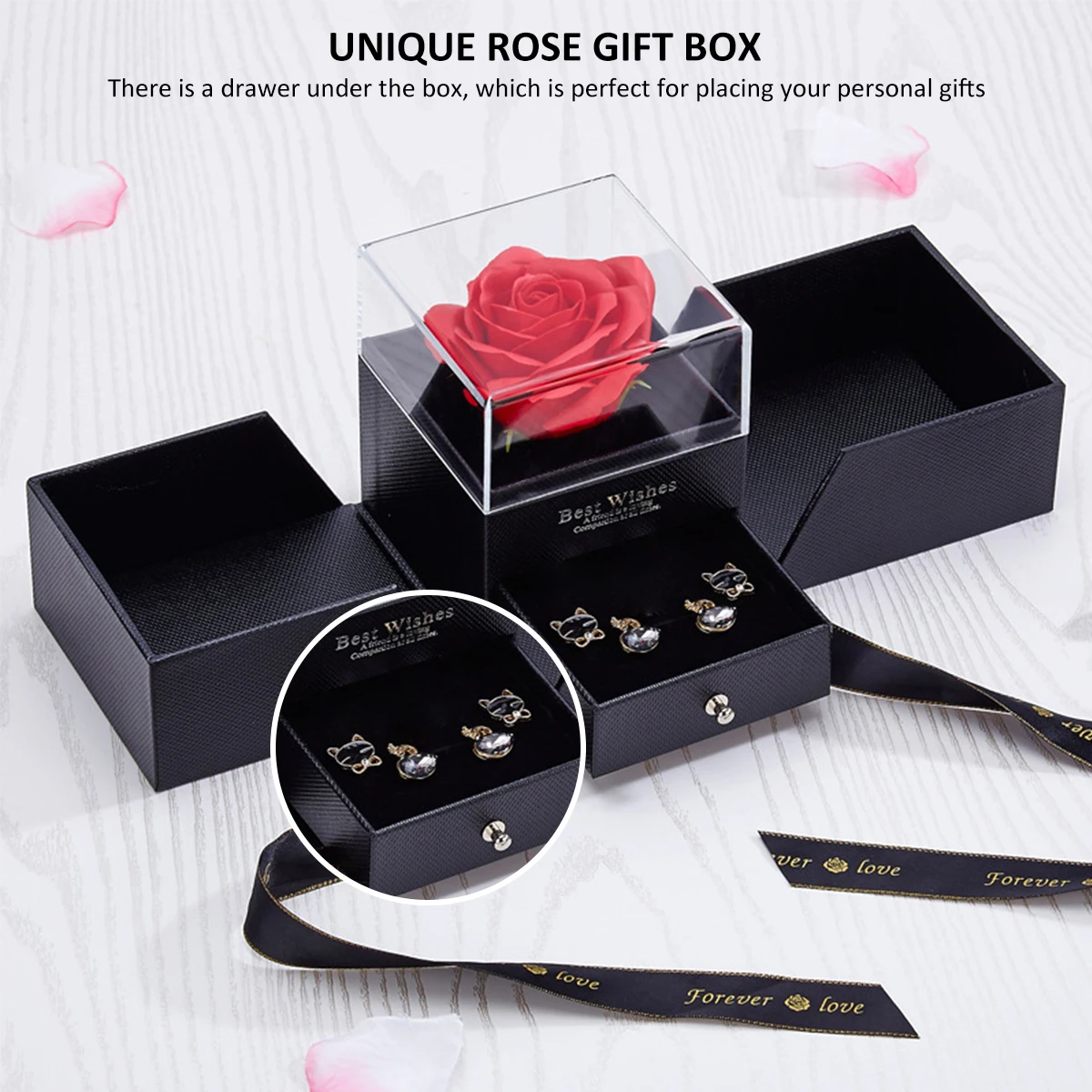 

Preserved Rose Jewelry Natural Dried Flowers Proposal Ring Box Enchanted Rose with Greeting Card Valentine's Christmas Gift