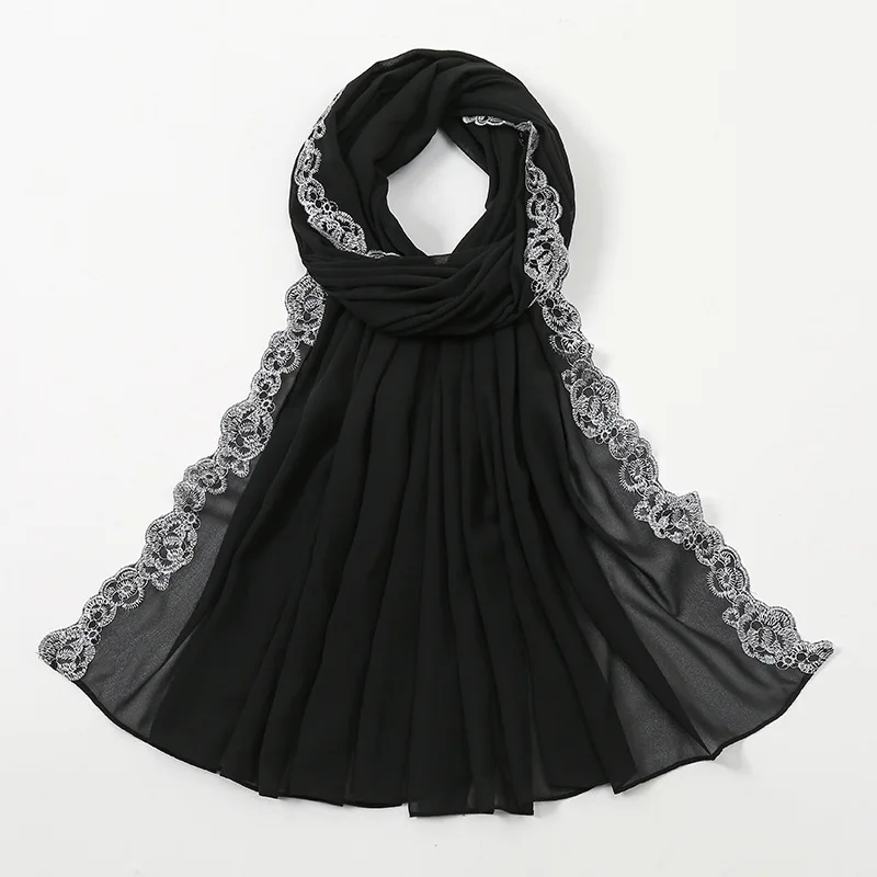 Lace Hijabe Bubble Chiffon Scarf Women Long Size Pashmina Lady Shawl Female Wraps Bandana Foulard Hijabs Solid Soft Beach Stoles