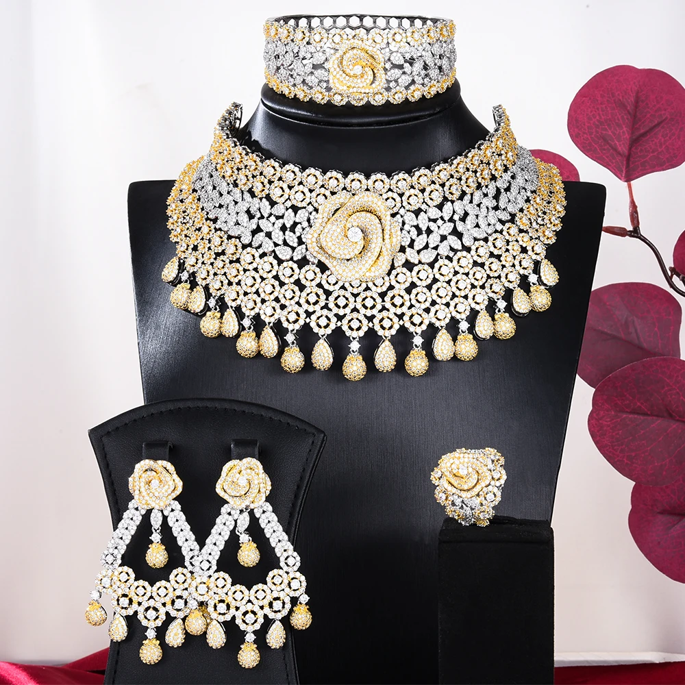 Siscathy роскошное свадебное ожерелье с полным кубическим цирконием для свадебной вечеринки, широкое ожерелье, серьги, браслет, индийский Афри...