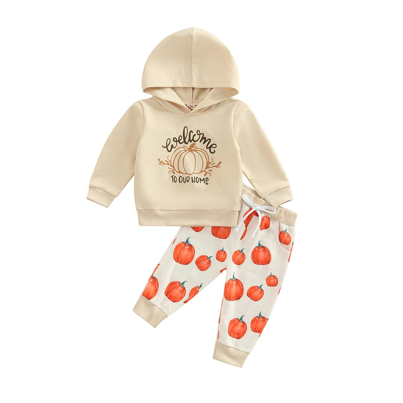 

2022-07-08 Lioraitiin 0-3Years Halloween Baby Girls Outfit Long Sleeve Letter Hooded Hoodie Tops Pumpkin Printing Long Pants