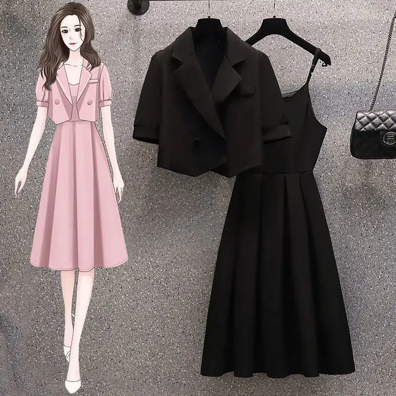 2022 Summer Women's Short Sleeve Blazer Sling Dress Two Pieces Set Korean Ladies Sweet Pink Outfits Fashion Camisole Dresses