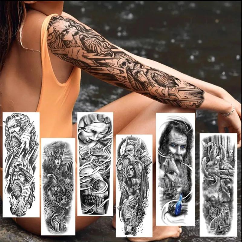 

Large Arm Sleeve Tattoo Stickers Lion Crown King Rose Temporary Tattoo Woman Waterproof Body Art Arm Fake Tatoo Men Decoration