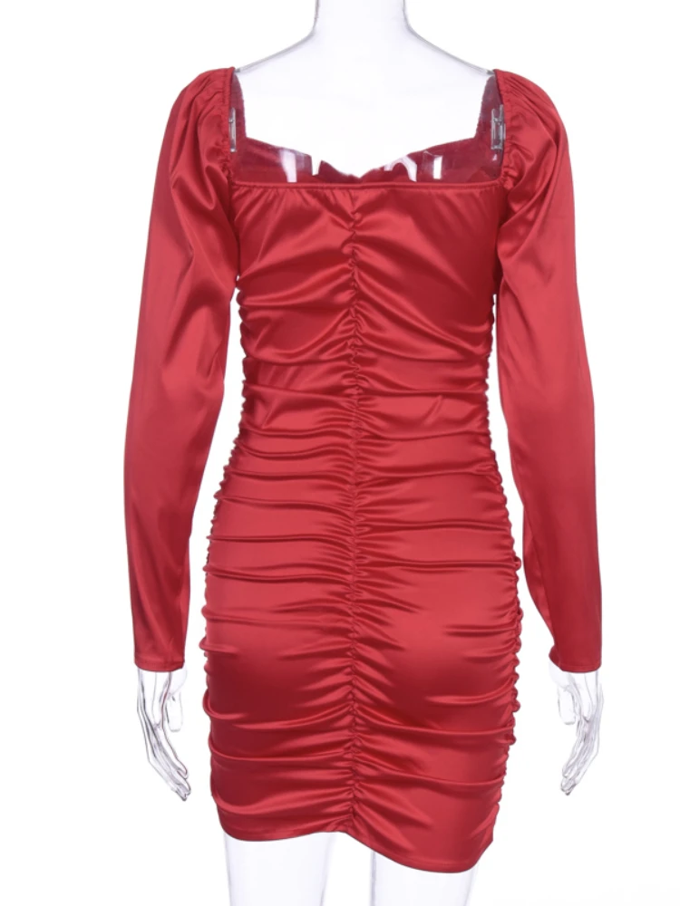 Атласное Плиссированное пикантное мини-платье с длинным рукавом-фонариком и