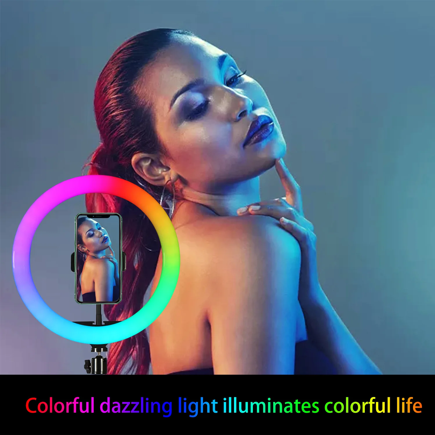 Фото 10-дюймовый (26 см) RGB-кольцевой светильник на штативе, светодиодная круглая лампа, селфи-палка с подставкой, RGB-подсветка 15 цветов для видео на YouTube №2