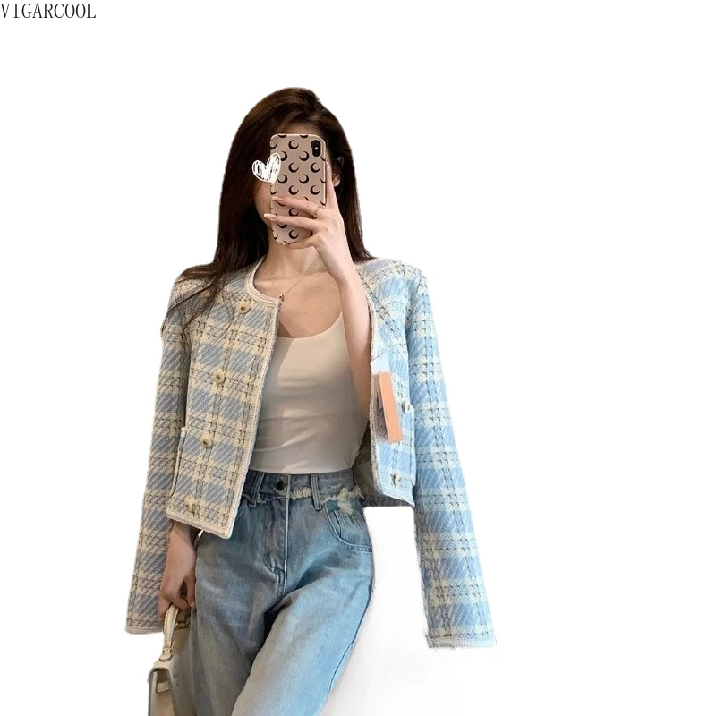 

Куртка в французском стиле знаменитостей, нежное и освежающее короткое пальто с однобортным клетчатым топом с круглым вырезом