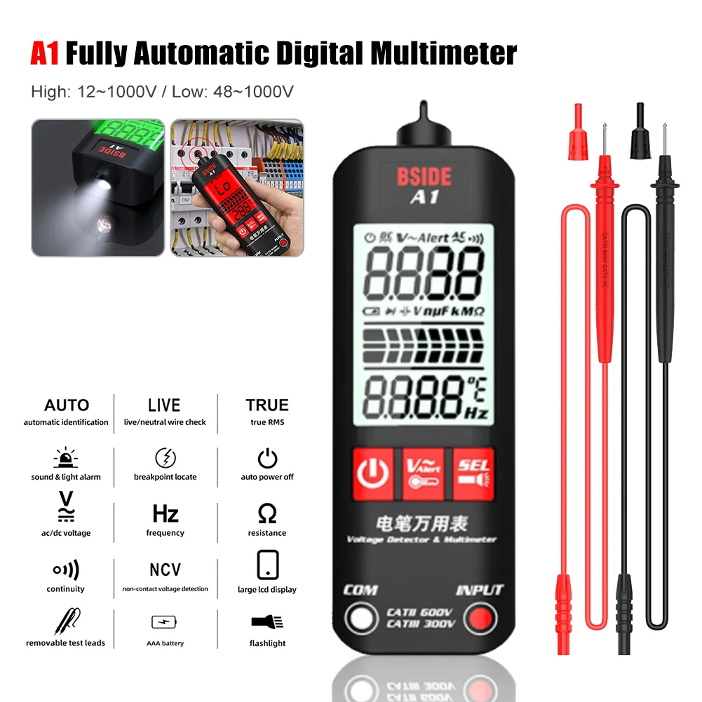 

A1 Fully Automatic Anti-Burn Intelligent Digital Multimeter Digital LCD Backlight multimetro Voltage Ohm NCV Hz Live wire Tester