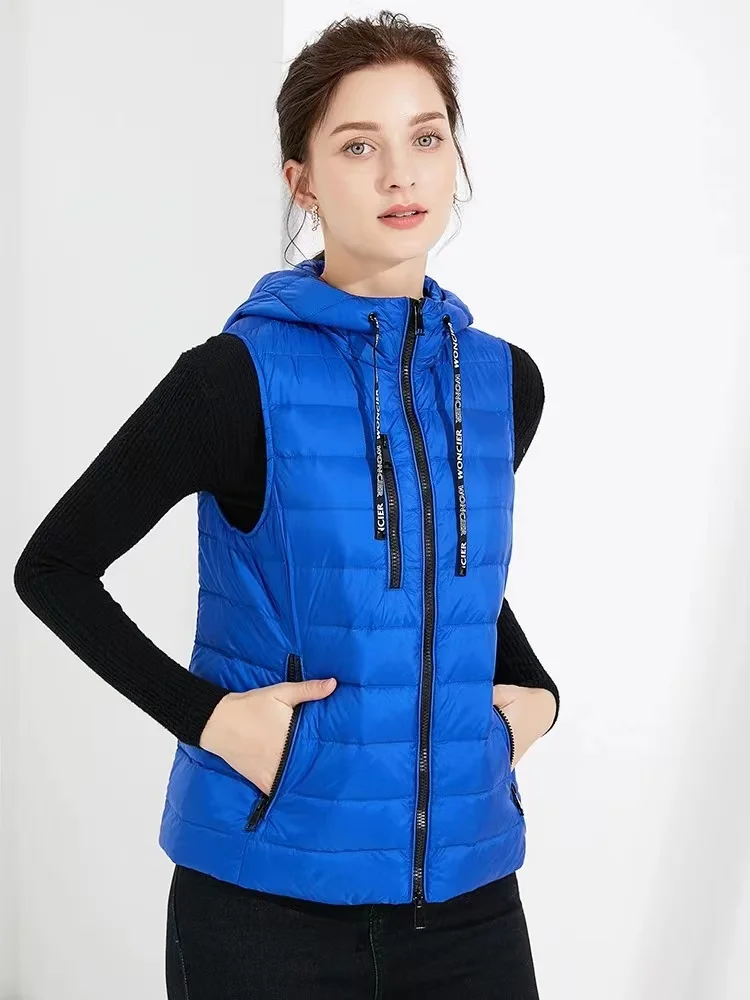 2023 Autumn Winter 90% Down Vest Jacket Female New Fashion Hooded Warm Waistcoat Black Slim Sleeveless  Short Vests Ladies Coat