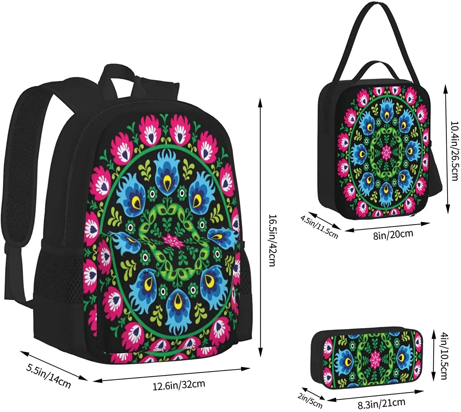 Polish Traditional Circle Folk Art Schoolbag Travel Bag Casual Daypack Lunch Bag Pencil Case for Boys Teens Girls 3pcs Sets