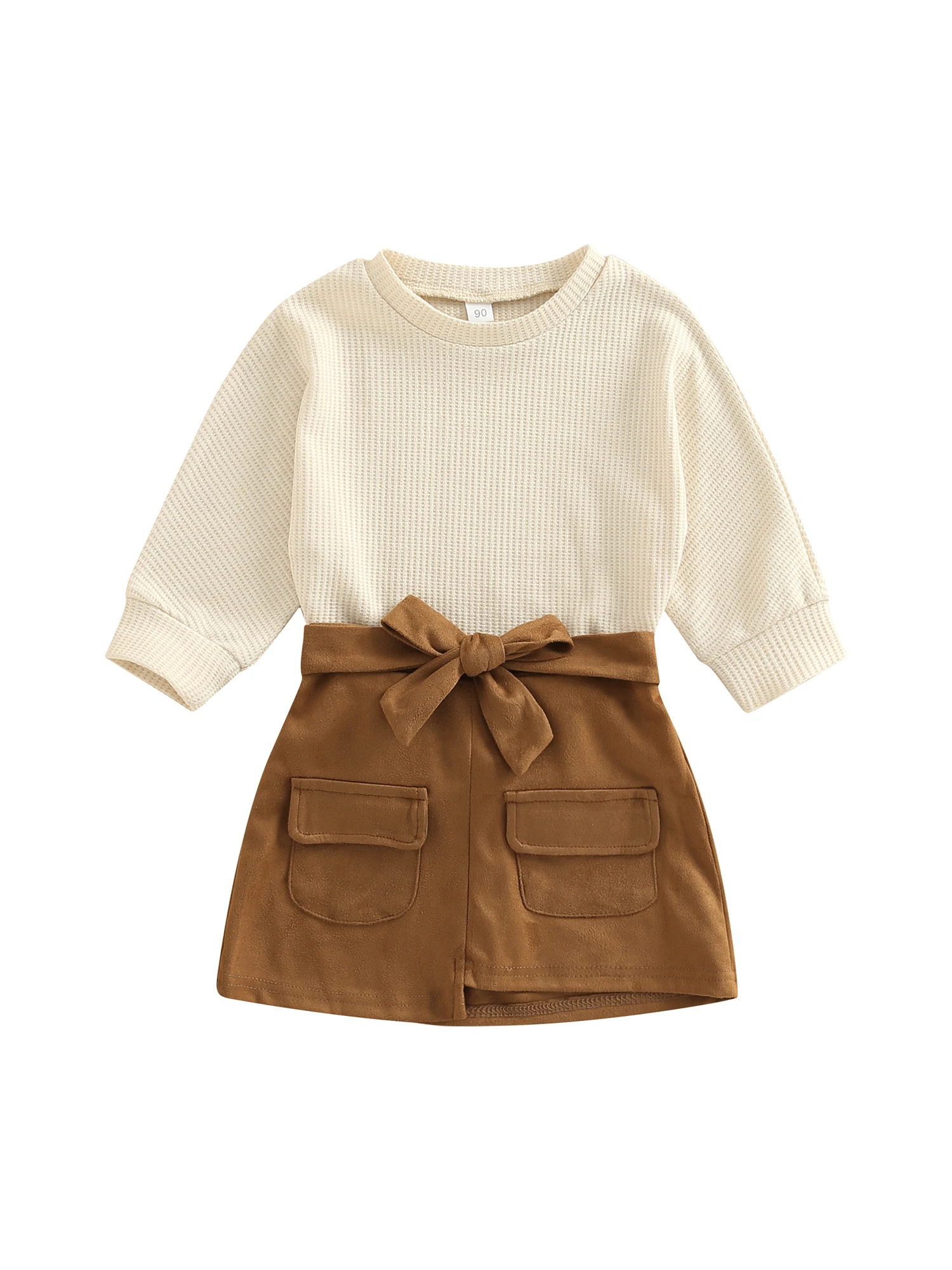 

Комплект из двух предметов для маленьких девочек, однотонный топ с длинным рукавом и юбка с карманами и галстуком на талии