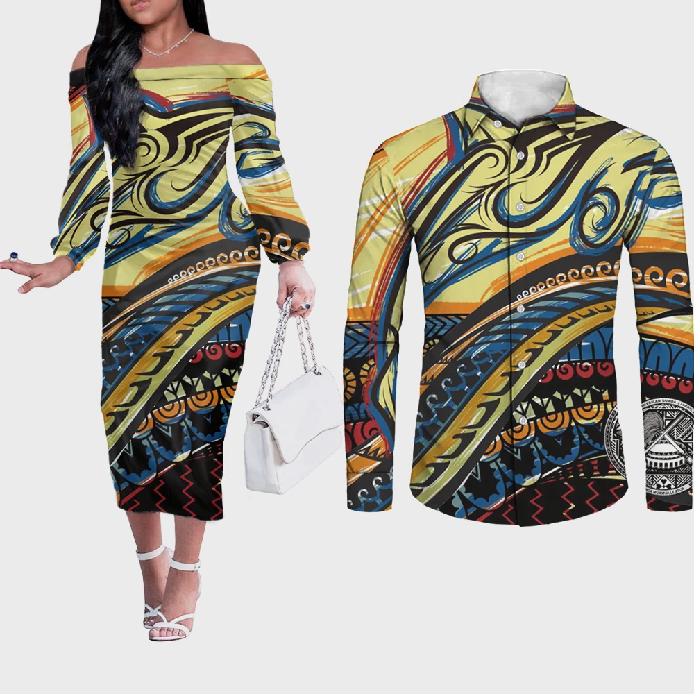 

Noisydesigns Women Elegant Off Shoulder Long Sleeve Dress Match Men Shirt Polynesian Style Tribal Tattoo Hibiscus Couple Cloth