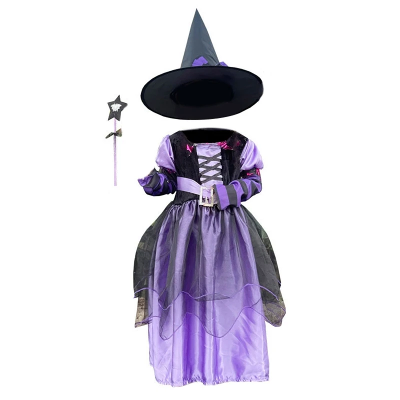 

Fairytale Witch Girls Costume Set Cute Halloween Party Dress Up with Witches Hat