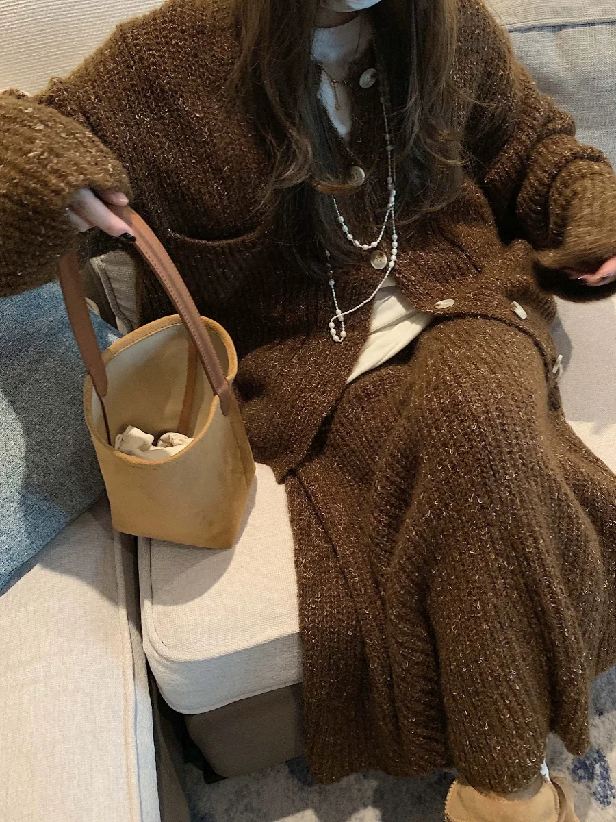 Свободный вязаный костюм женский зимний кардиган 2024 свитер эластичный шерстяной