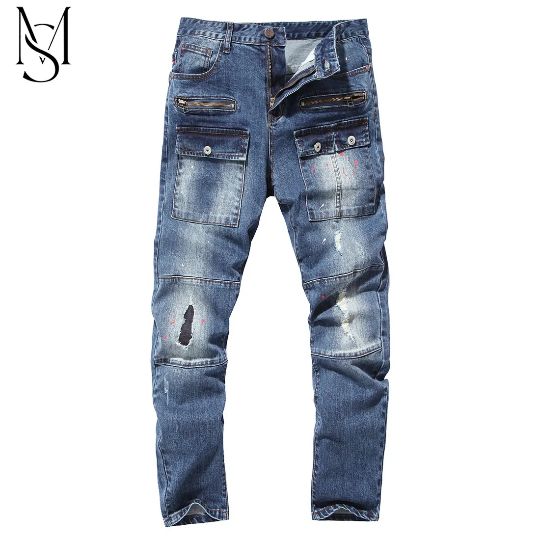 

Cross-border foreign trade fashion holes men's casual large jeans denim trousers multi-pocket K062