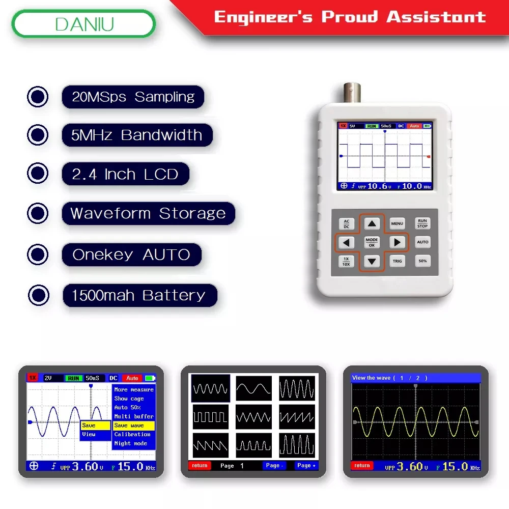 

DSO FNIRSI PRO Digital Handheld Oscilloscope 5M Bandwidth 20MS/s Sampling Rate Mini Portable Oscilloscopes With P6100 BNC Probe