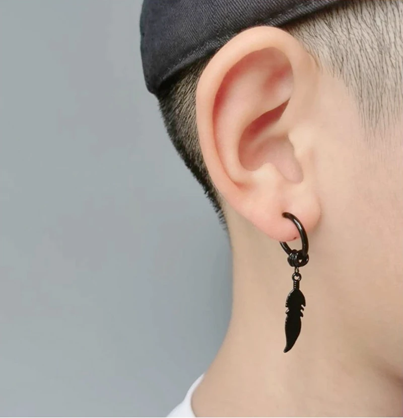 1PCS Stainless Steel Feather Pendant Hoop Earrings For Men Punk Rock Style Ear Clip Hook Jewelry images - 6