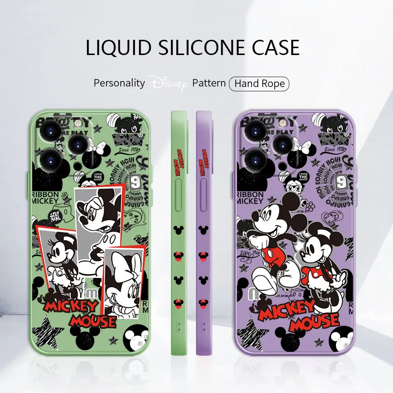 

Disney Mickey Minnie Red Black Glass Luxury Liquid Case for Apple iPhone 11 12 13 Pro Max XS 7 8 Plus SE Style Celular Silicone