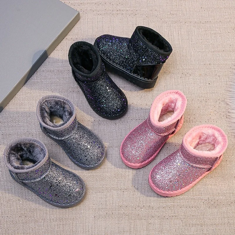 

Children Snow Boots Sequin Glitter Plush Winter Warm Boys Girls Ankle Boot 25-36 Anti-slip Slip-on Casual Soft Kids Flat Shoes