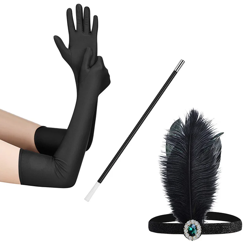 

1920s Flapper Accessories Feather Headband Gloves Cigarette Holder 3 Pack Great Gatsby Party Costume Accessories Set For Women