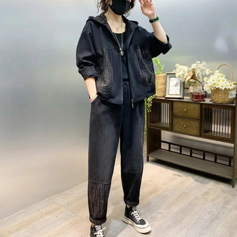 2024 Осенние костюмы с капюшоном из джинсовой ткани джинсовая куртка Модный