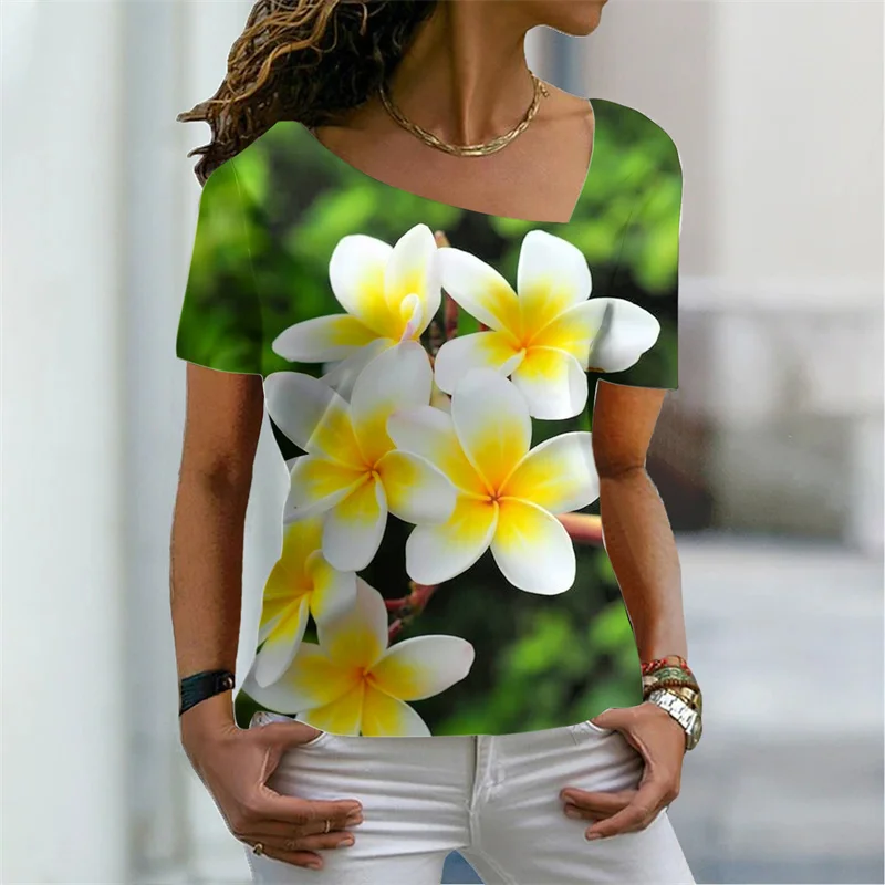 

Женская футболка с абстрактным геометрическим рисунком, базовый топ с V-образным вырезом и цветочным принтом, лето 2022