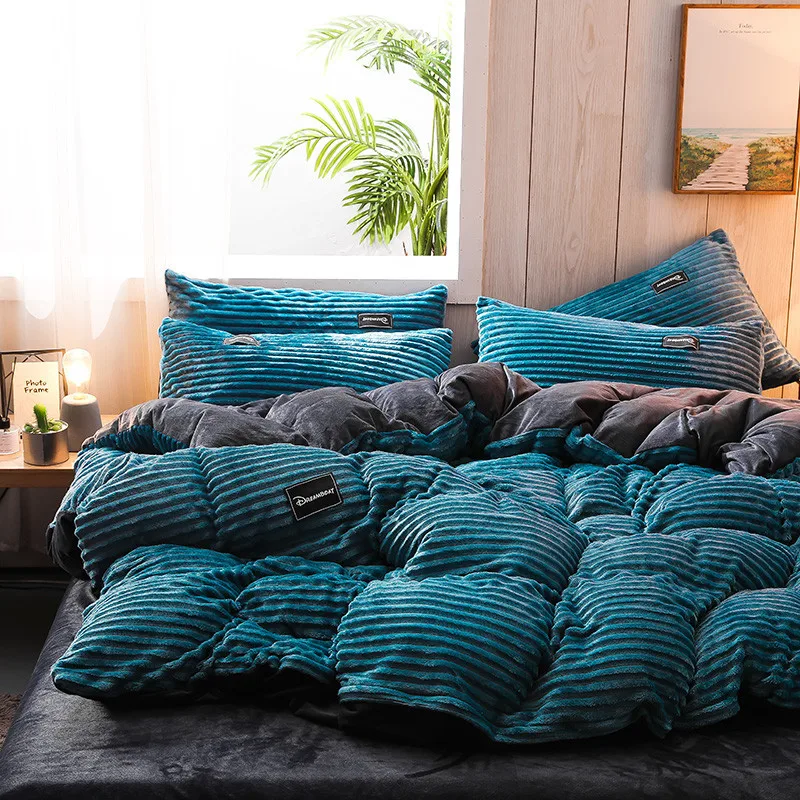 Velvet Duvet Cover Queen King Bed Winter Warm Magic Fleece Grey Blue Bedding Set Bedspread Stripe Coral Fleece Twin Quilt Covers