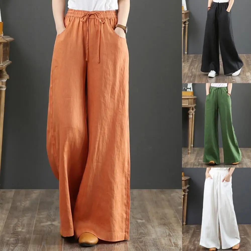 

Loose High Waist Long Pants Casual Wide Leg Solid Color Trousers Women Pockets Trousers
