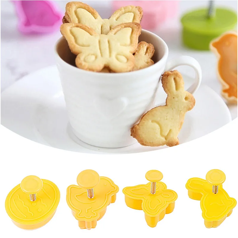 

4Pcs Easter Bunny Pattern Plastic Baking Mold Kitchen Biscuit Cookie Cutter Pastry Plunger 3D Die Fondant Cake Decorating Tools