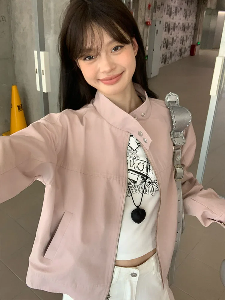 Song Zhengen розовая стираная хлопковая куртка женская на молнии дизайн осень новый