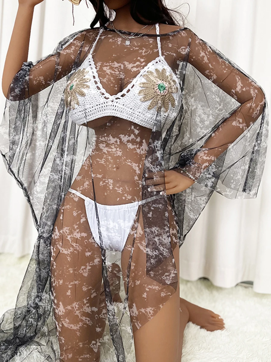 

Женские накидки для бикини, сетчатые прозрачные модные пляжные купальники с круглым вырезом и асимметричным подолом и принтом, Солнцезащитная блузка