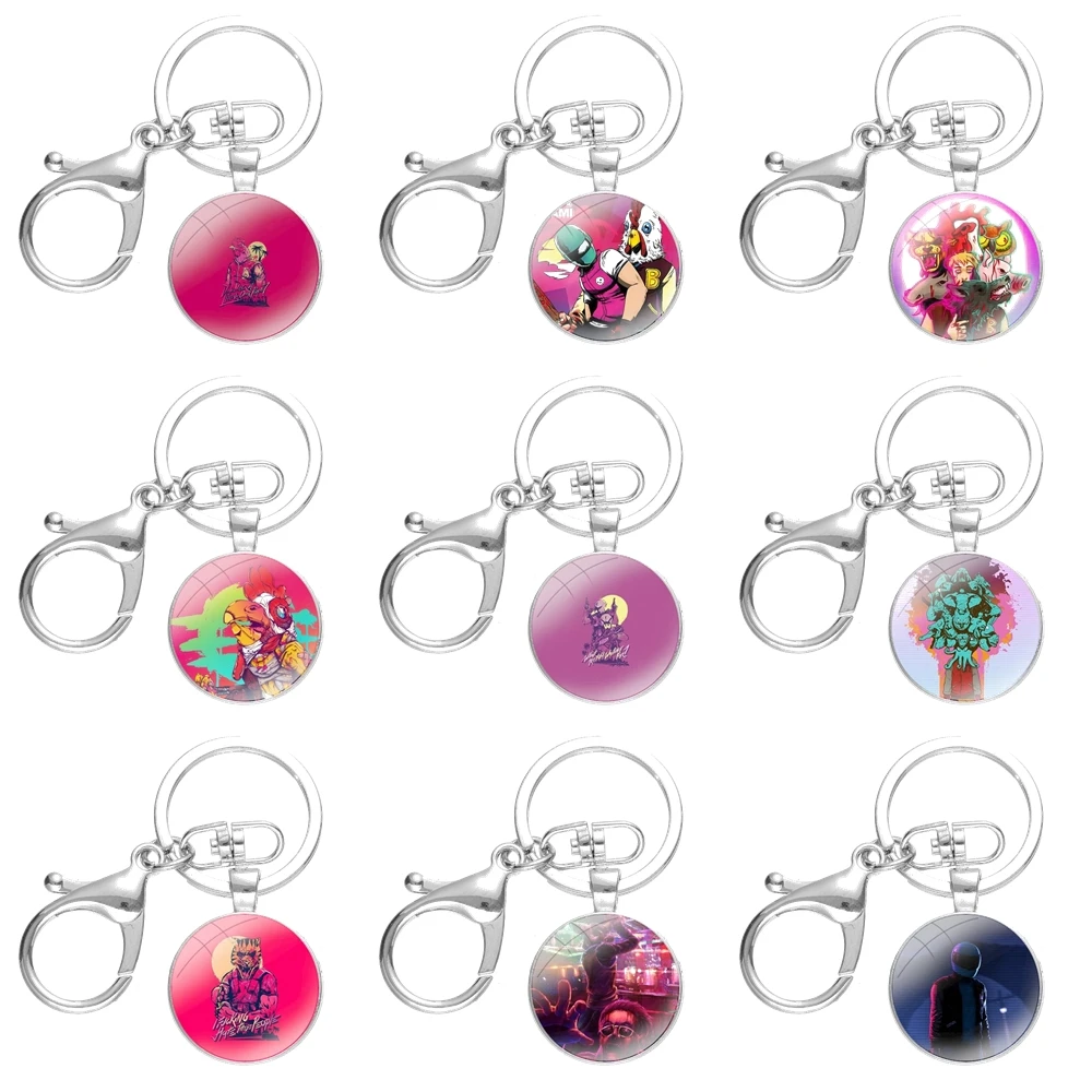 

Fashion Design Cartoon Creative Keychain Handmade Glass Cabochon Key Ring Holder Pendant Key Chains Cool Game Hotline Miami