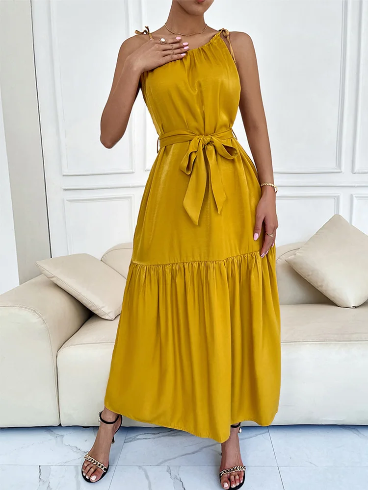 

Новинка 2023, летние однотонные платья с лямкой на шее для женщин, повседневное длинное Бандажное платье с высокой талией, женское свободное платье