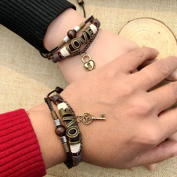 

New Real Cowhide Couple Bracelet A Pair of Students Retro Pure Hand Woven Lock Key Jewelry Simple and Elegant Display Affection