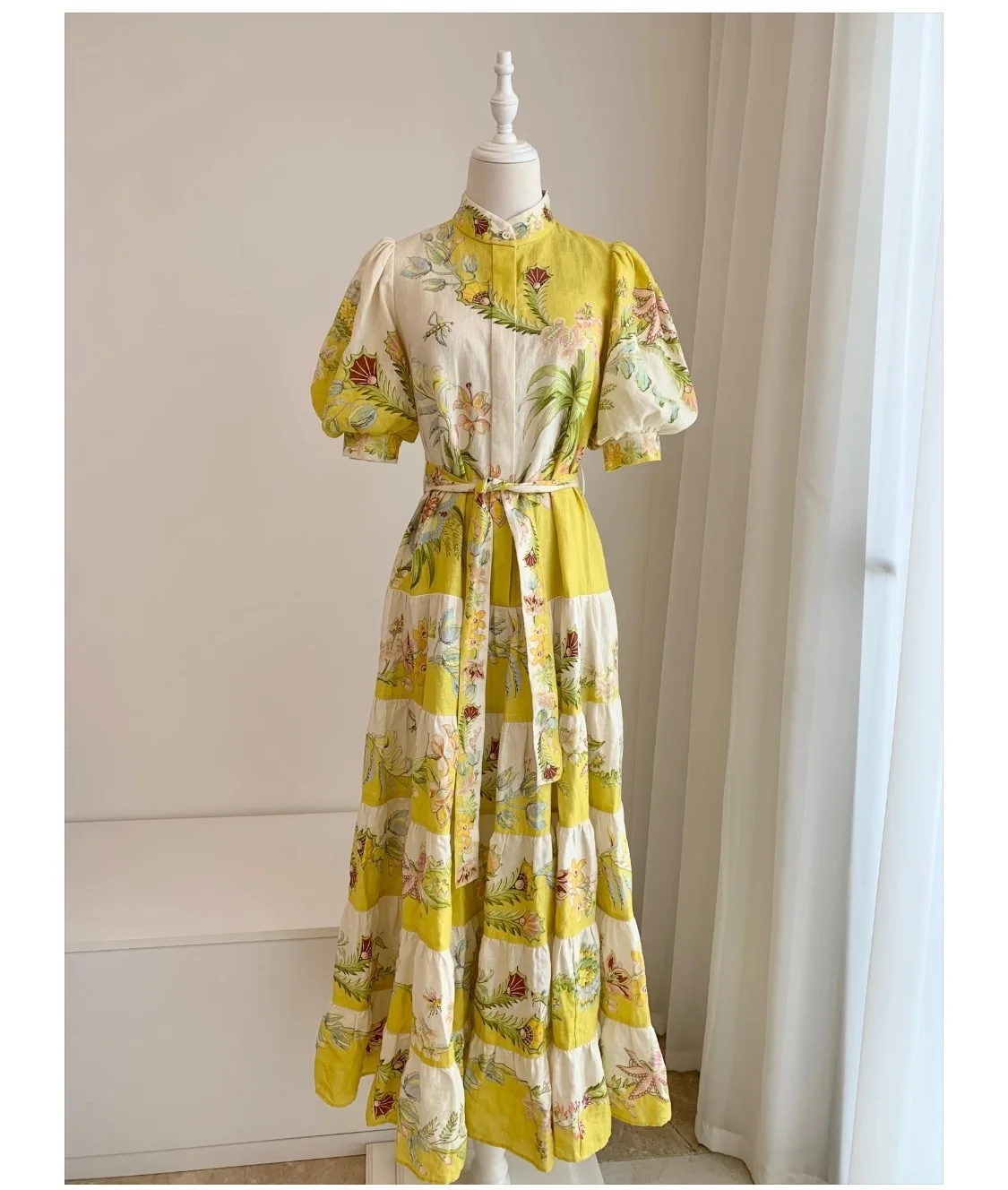 

2023 New Short Lantern Sleeve Yellow Floral Print Women Big Swing Midi Linen Dress