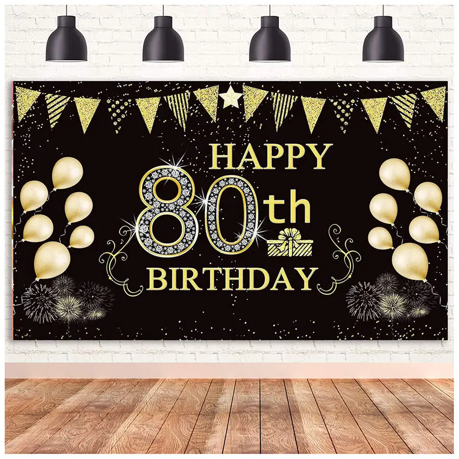 

Happy 80th Birthday Backdrop Background Banner for 80th Anniversary 80th Birthday Black Gold Diamond Balloon Party Decorations