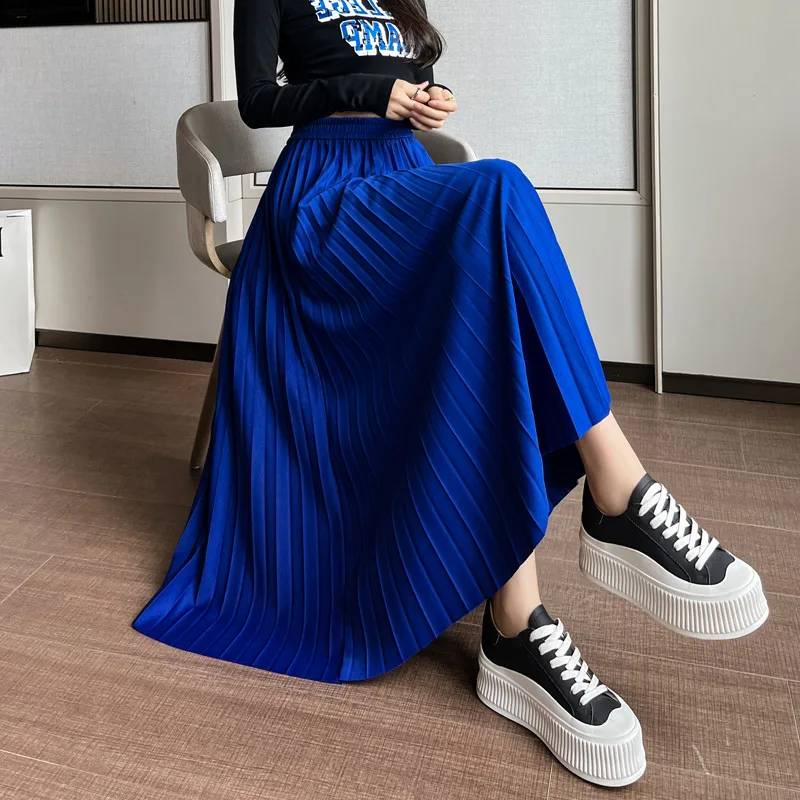 

Solid Color Pleated Long Skirt Women Korean Fashion Ladies Work Casual Elastic High Waist A Line Party Skirts Spring Summer 2022