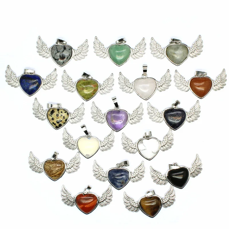 

10pcs Natural Crystal Semi-precious Stone Charms Angel with Love Heart Wings Shape Pendant for Jewelry Making ACC