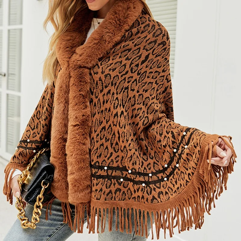 

Women Coats & Jackets For Winter Leopard Color Faux Fur Collar Thick Warm Knitted Capes & Ponchos Shawl Autumn Outwear Knitwear