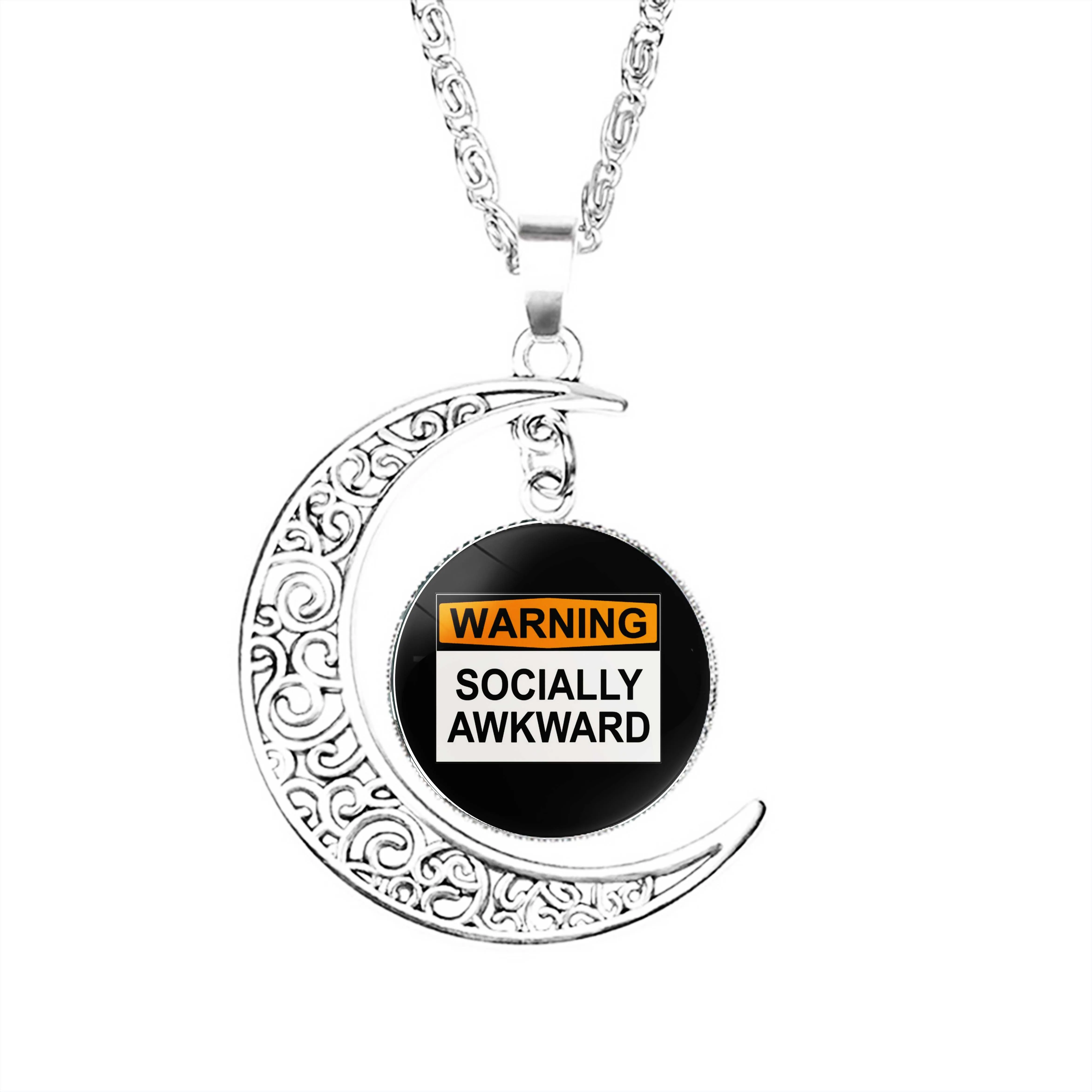 

Warning Socially Awkward Moon Necklace Boy Glass Lady Fashion Crescent Jewelry Lovers Men Chain Gifts Girls Charm
