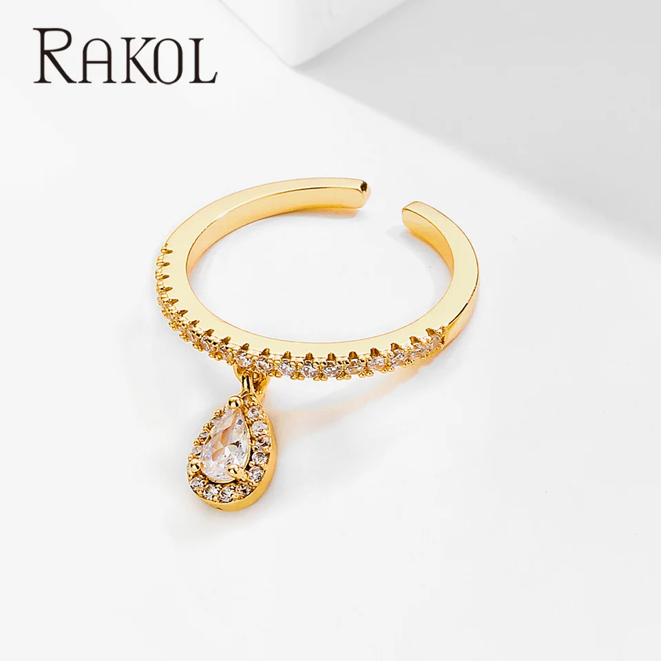 

RAKOL Water Drop Cubic Zirconia Pendant Rings for Women INS Trendy Jewelry Adjustable Ring Exquisite Anniversary Party Gifts