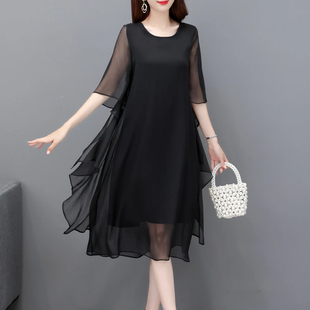 

New Elegant Fashion O-neck Short Sleeve Dress Summer Dresses For Women Black Solid Silk Empire Women Clothing 2023