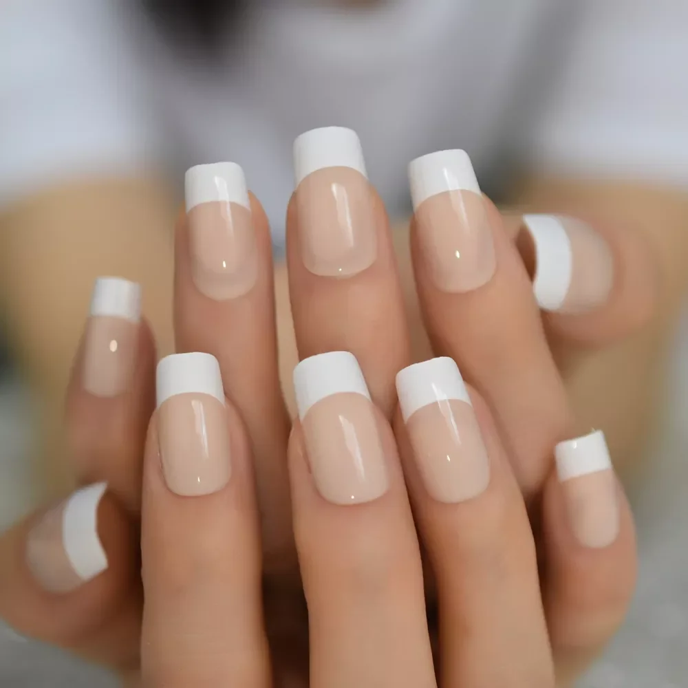 

French Natural Nude False Nails Manicure Square Press on Fake Nails Tips Daily Office Finger Wear with Jelly Sticker Tabs