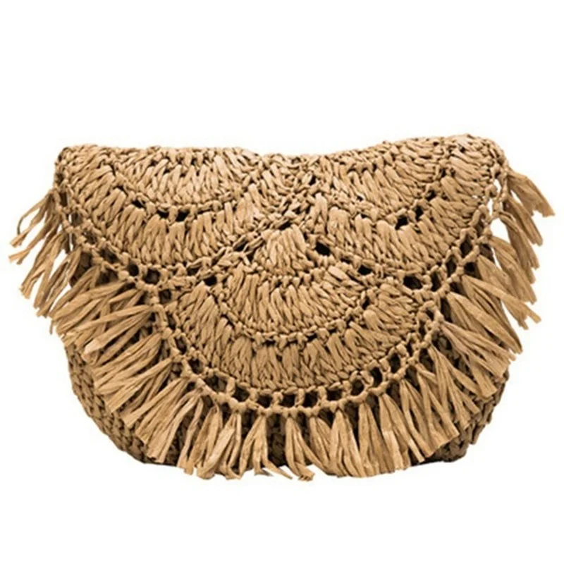 

Straw Beach Bag Vintage Handmade Woven Shoulder Bag Raffia Circle Rattan Bags Bohemian Summer Vacation Casual Bags