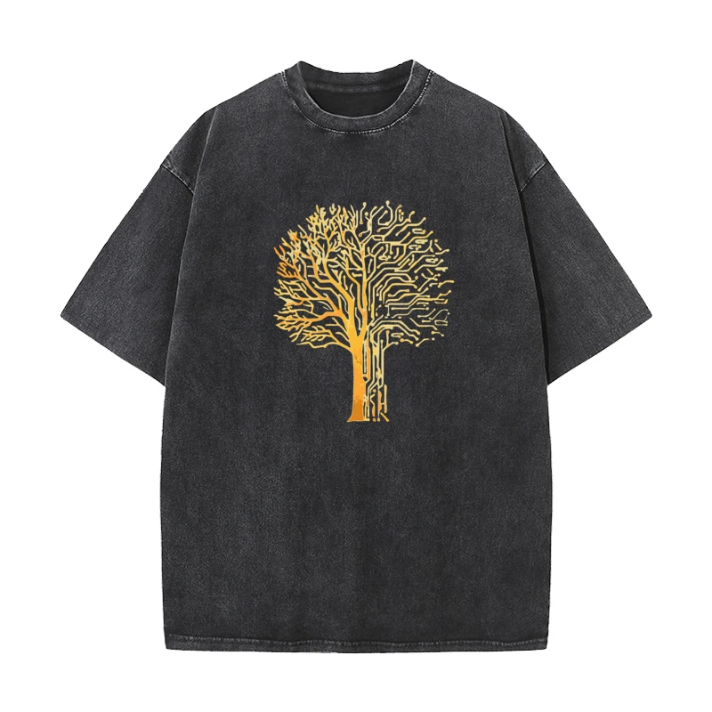 O Neck Gold Pine 100% Cotton Mens Washed Retro T Shirts Funny Short Sleeve Tops Tees Normal Shirt
