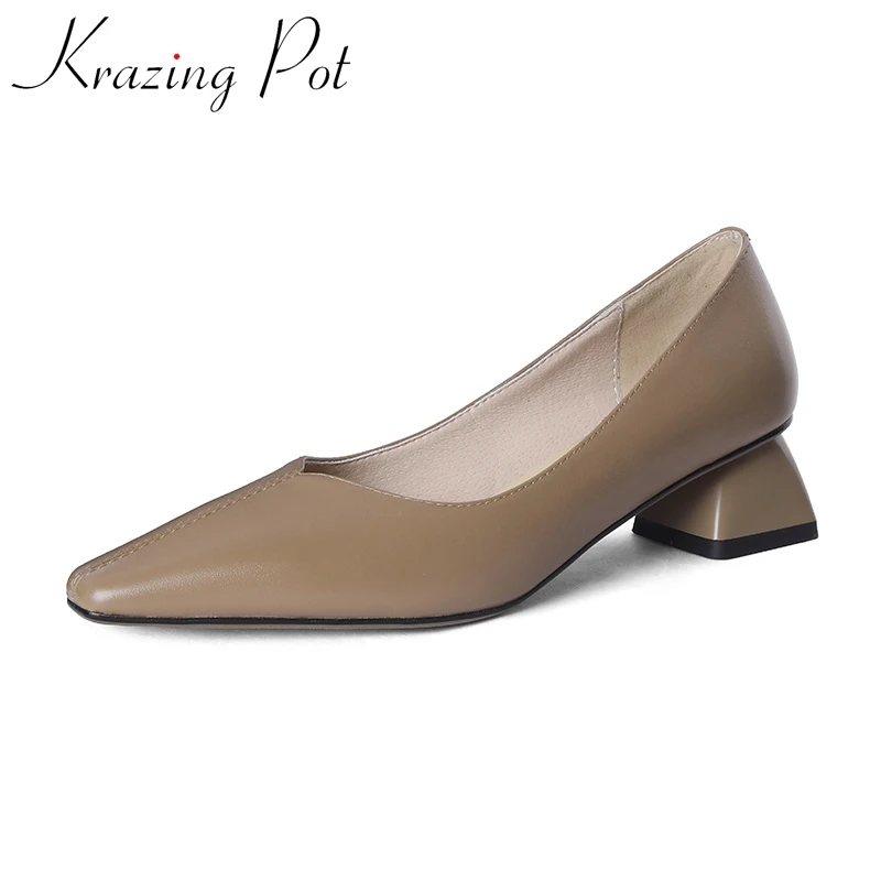 

Krazing Pot Genuine Leather Square Toe All-match Noble Med Heels Modern Shoes Grace Shallow Luxury Mature Slip on Women Pumps