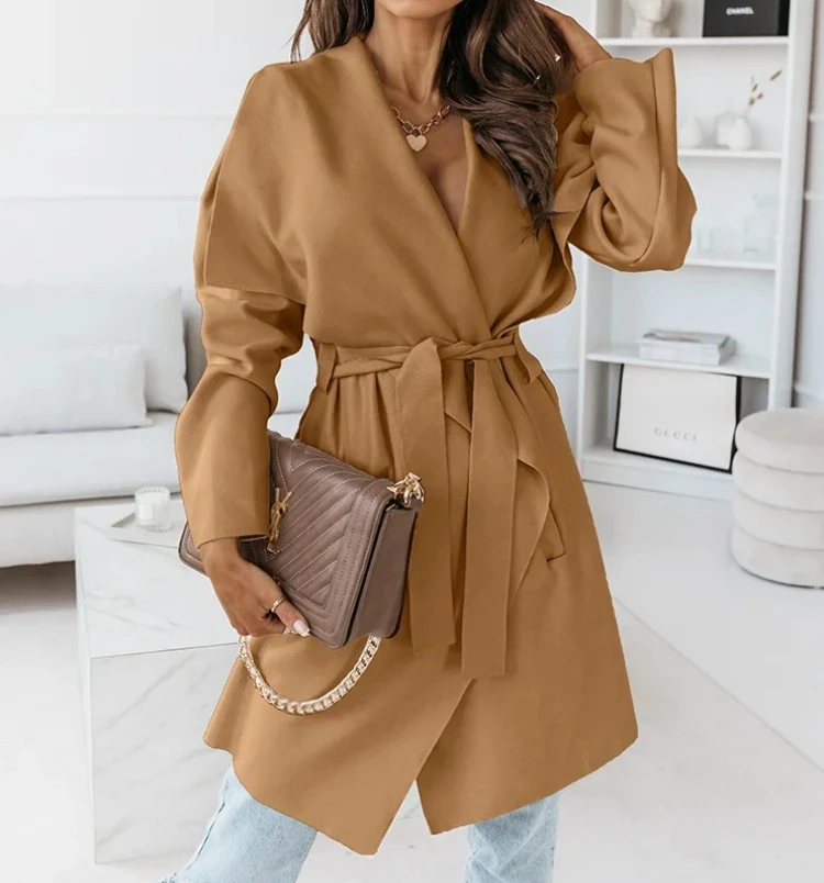 

Spring Autumn Casual Women Coats Solid Color Big Turn-down Collar Long Sleeve Belt Pocket Office Lady Jacket Coat Long Tops