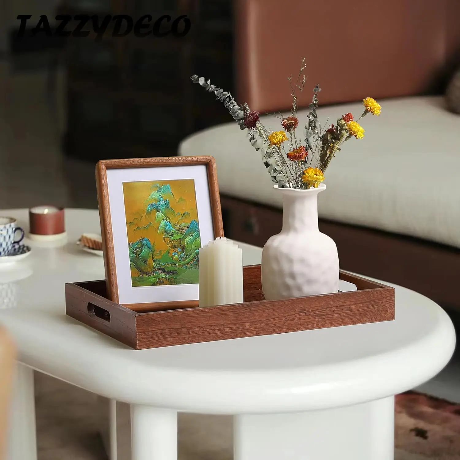 Коричневый деревянный прямоугольный поднос с ручками декоративный