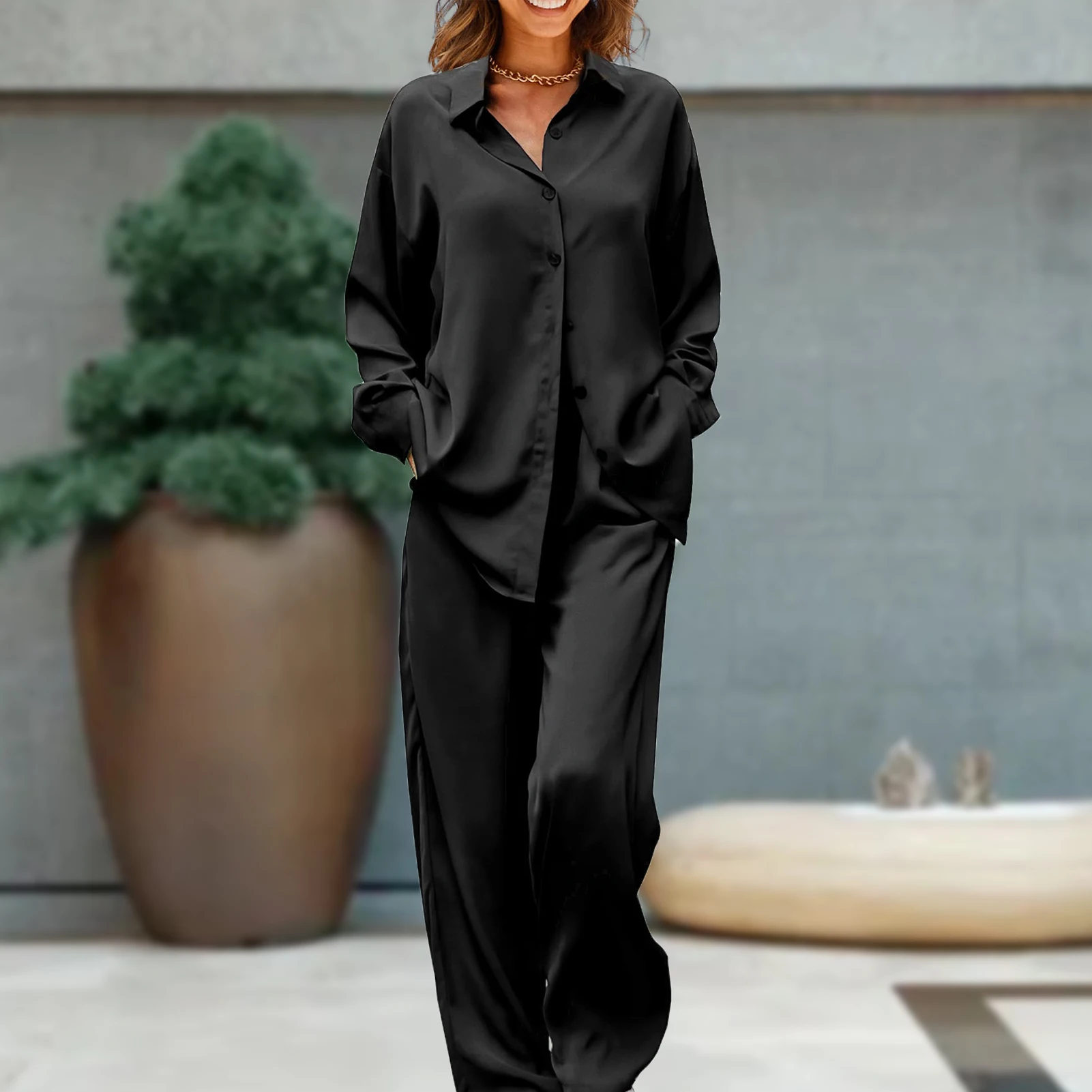 Spring Full Long Sleeve Lapel Shirt and Wide Leg Pants Suit Women Fashion Satin 2-piece Set Lady Casual Button Loose Office Sets 4 Spring Full Long Sleeve Lapel Shirt and Wide Leg Pants Suit Women Fashion Satin 2-piece Set Lady Casual Button Loose Office Sets 4