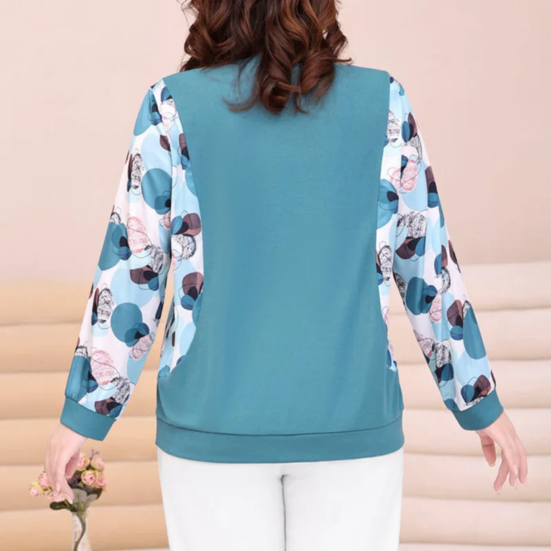 Simplicity Office Lady Round Neck Solid Color Loose Womens Top Fashion Printing Patchwork Long Sleeve Plus Size Pullover T-Shirt