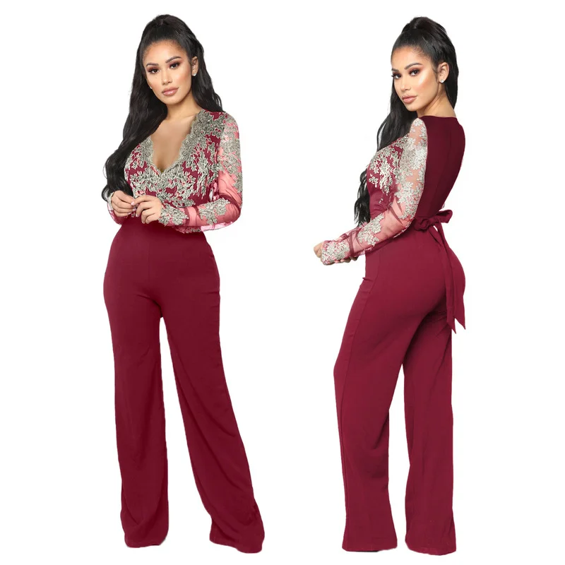 Women Sexy Off Shoulder Slash Neck Long Sleeve Women Jumpsuit Elegant Appliques Lace Patchwork Jumpsuit Wide Leg Jumpsuit 3XL